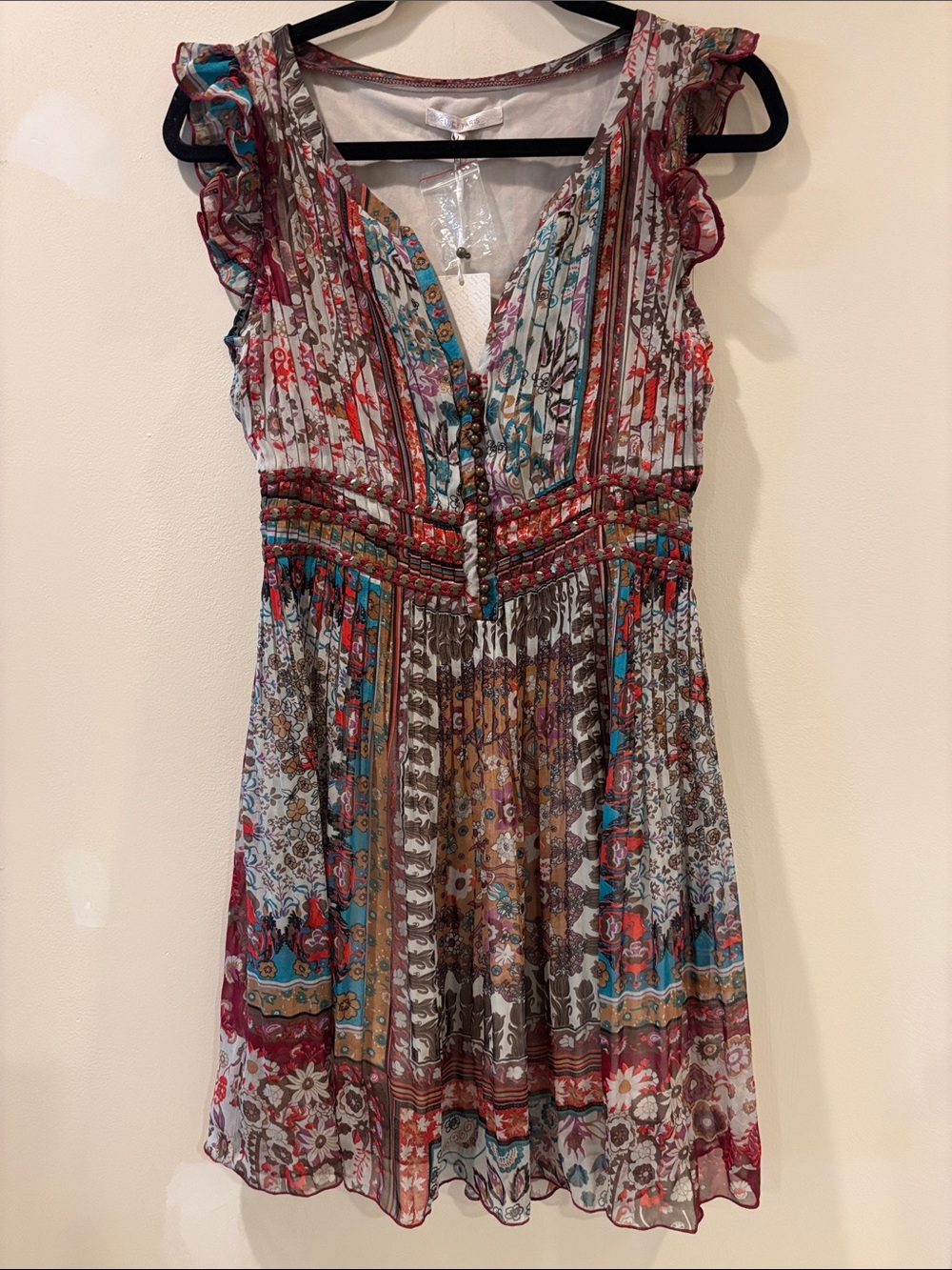Pleated Patchwork Print Dress w Ruffle Sleeve